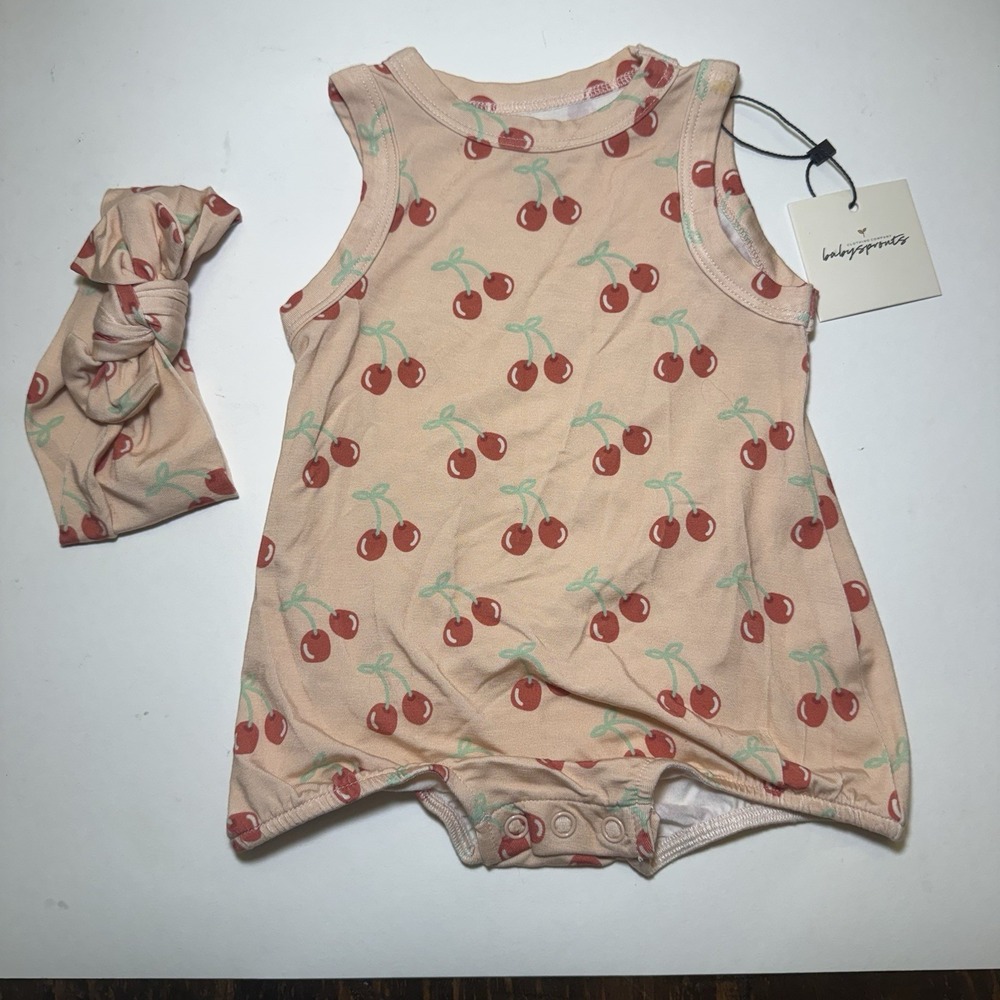 Baby Sprouts 0-3M Cherry Romper Headband Set Bamboo Pink NWT Baby Girl